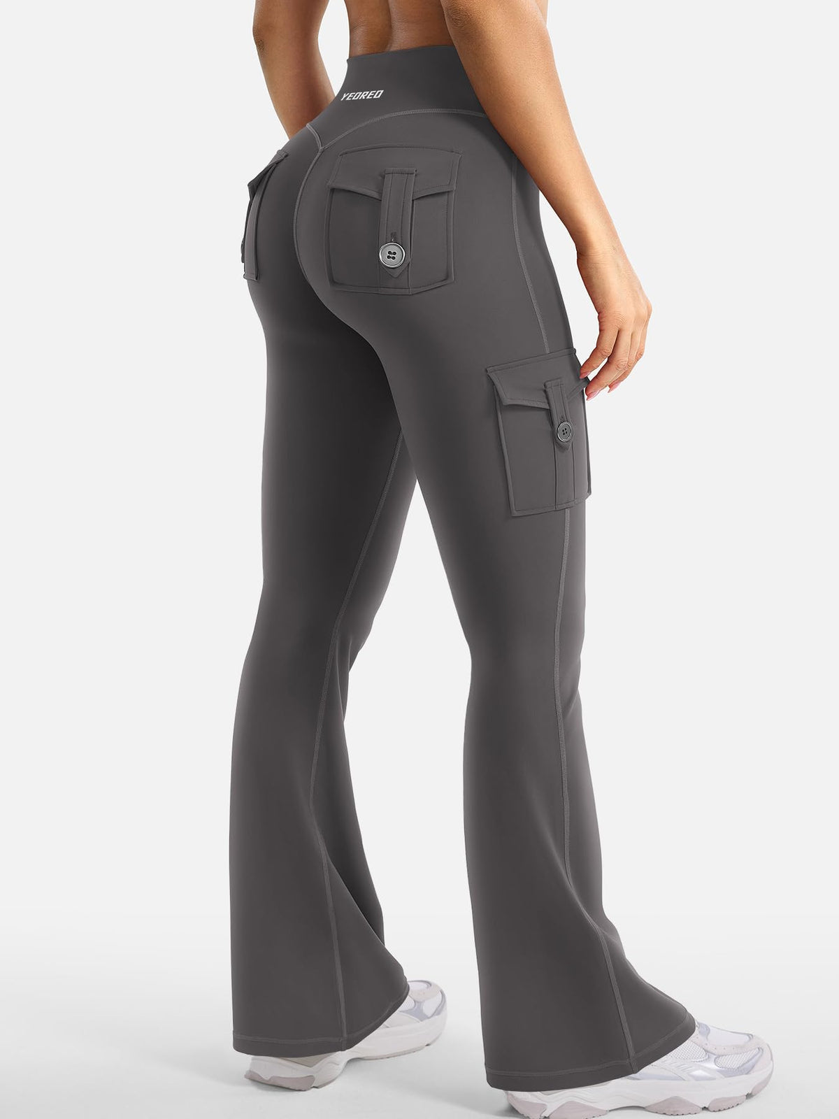 YEOREO CoreFlex Women Workout Flare Leggings with Pockets Hidden Scrunch High Waisted Cargo Gym Yoga No Front Seam Leggings Dark Grey XL