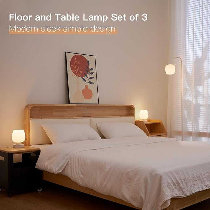 ONEWISH Lamp Set of 3 - Touch Bedside Table Lamps Set of 2 and 1 Floor Lamp, Modern Lamps for Bedroom Living Room Nightstand, White Opal Glass Lamp Shade, LED Bulbs Included Simple Design