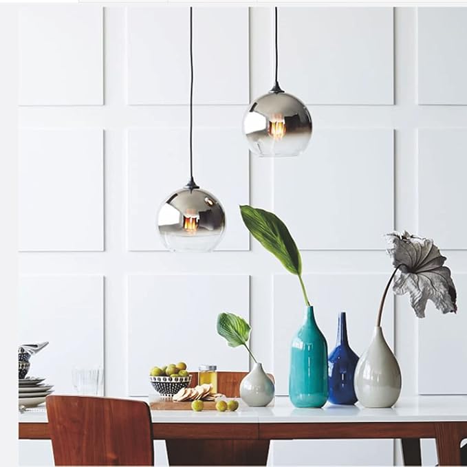 Gradient Silver Glass Globe Pendant Light,Spherical Glass Hanging Light Fixtures Island Ceiling Lamp (11.8'')
