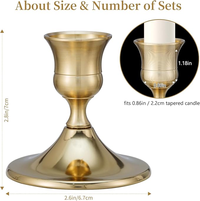 Taper Candle Stick Holder, 12PCS Brass Gold Candle Holders for Candlesticks, Vintage Metal Candlestick Holders for Dinner Room Table Centerpiece or Mantel Wedding Party Decor (12, Gold)