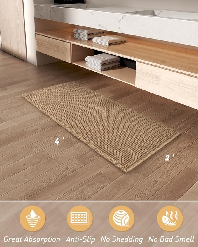 Upgraded Waffle Runner Rug Super Absorbent Non Slip Bath Mats for Bathroom Floor, Machine Washable Bathroom Runner Rug with Tassels, Ideal for Hallway Bedroom Laundry Room, Brown, 2'x 4'(24" x 48")