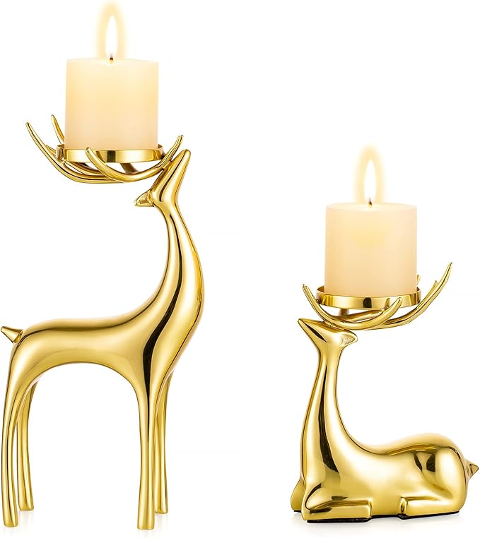 Sziqiqi Gold Reindeer Candle Holder for Pillar Candles Brass Reindeer Tealight Candle Holders Copper Deer Gift Christmas Decor for Table Centerpiece Living Room Mantle Decoration