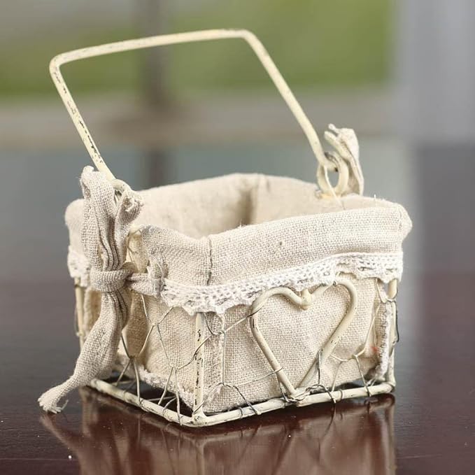 White Washed Chicken Wire Basket with Natural Linen Liner and Heart Accent. Use The Small Basket in Cottage, Coastal or Farmhouse Home Decorating
