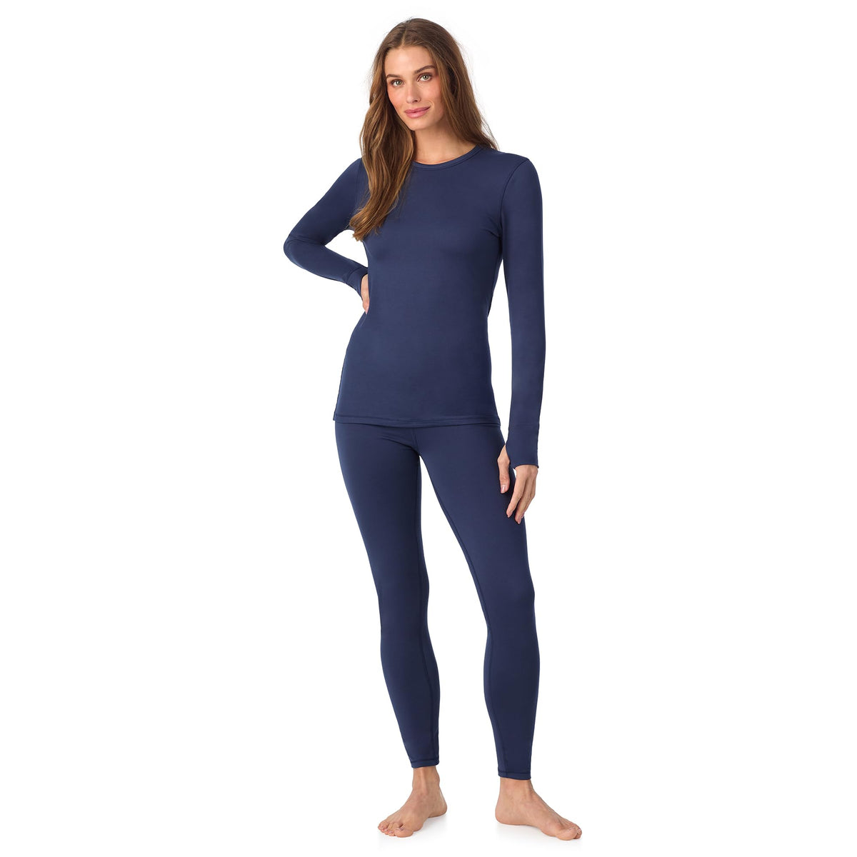 Cuddl Duds Womens Heavyweight Fleece 2 Piece Long Sleeve Thermal Underwear Set – Shirt & Leggings Base Layer for Cold Weather – Winter Clothing Long Johns Lounge Sets for Women, Navy Blue, XXS