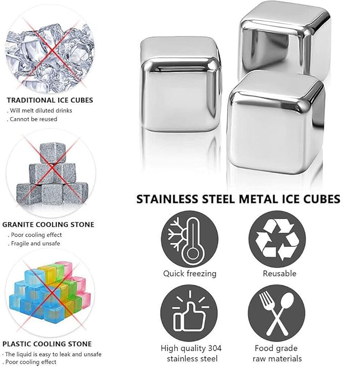 6 Small Whiskey Stones Silver - Man Gift Set - Reusable Stainless Steel Metal Ice Sphere Cubes Beverage Chilling Rocks Whiskey Stones for Red Wine, Bar Beer, Scotch, Vodka Drinks - Gold