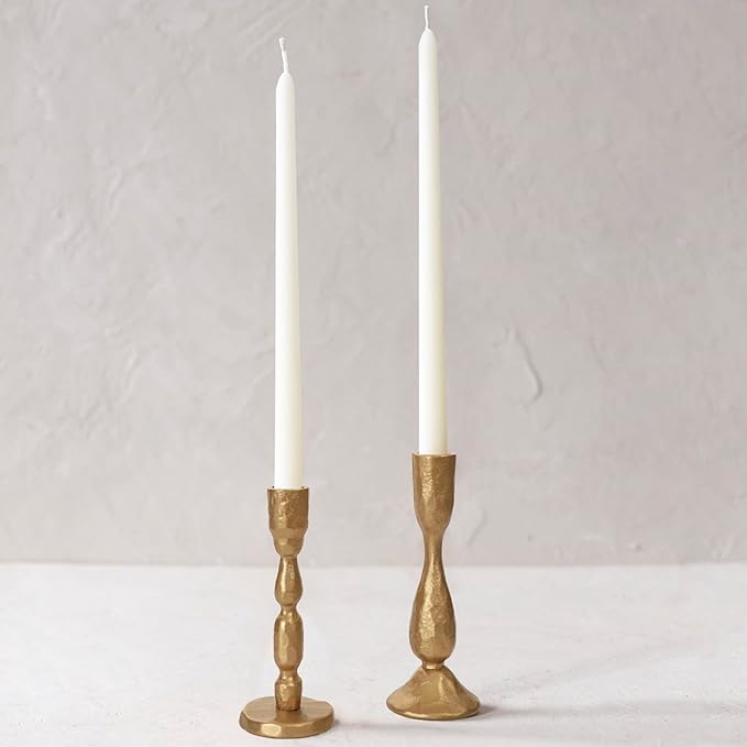 Antique Brass Handcrafted Iron Taper Candle Holders - Set of 2 Decorative Candlesticks for Weddings, Dining, and Parties