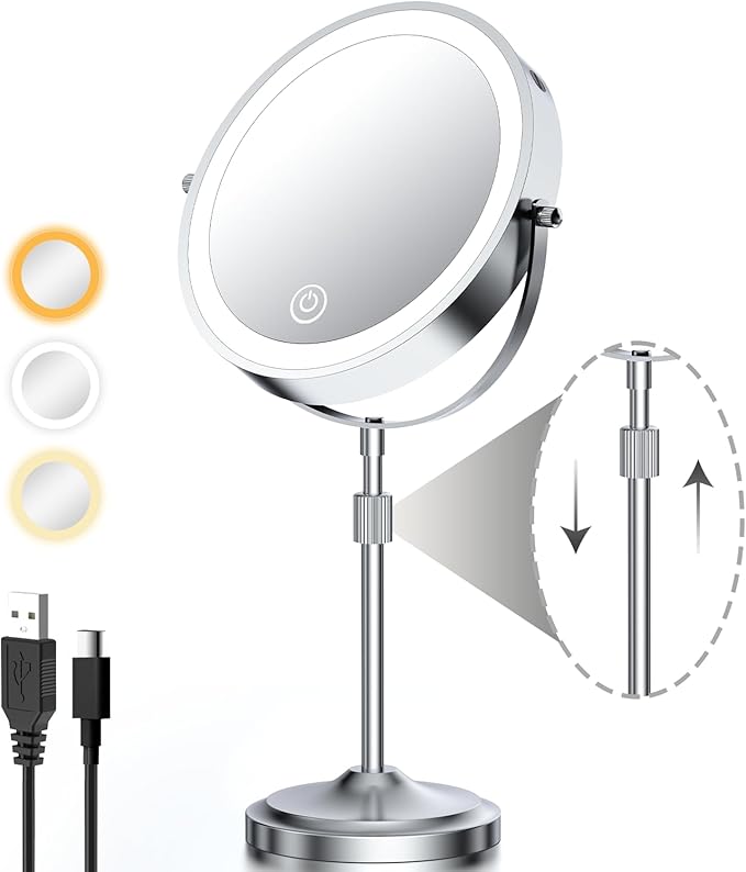 9" Lighted Makeup Mirror with 1X 10x Magnification, 5000mAh Rechargeable Led Magnifying Vanity mirror with lights, 3 Lighting Color, Brightness Dimmable Height Adjustable Cosmetic Mirror Chrome