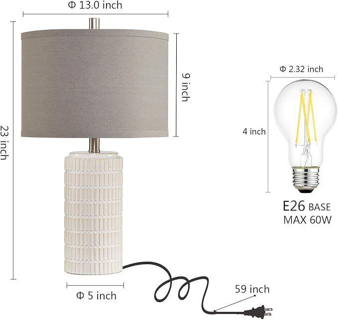 23" Set of 2 Ceramic Table Lamps, Farmhouse Bedside Lamp for Bedroom Living Room Nightstand Entryway, Side Table Lamps Modern Desk Lamp, 2 LED Bulbs Included (Gray)