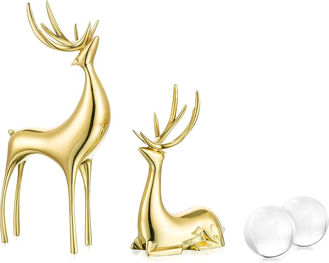 Sziqiqi Brass Reindeer Sculptures Animal Figurine Statues Christmas Deer Pure Copper Heavy Reindeer Ornaments for Home Decor Accents Living Room Office Bookself Tabletop Mantle Decoration
