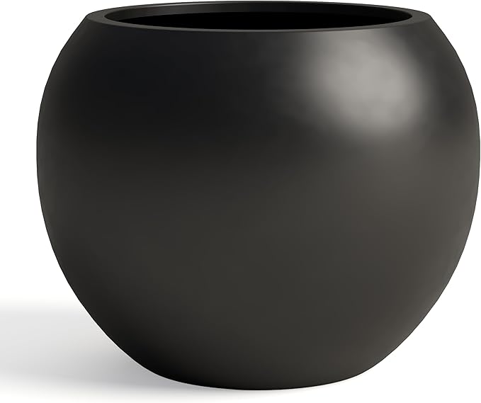 DTY Signature Mount Sherman Modern Indoor Outdoor Fiberstone Sphere Planter, Durable Round Garden Pot, Weather Resistant, Drainage Hole & Rubber Plug - Small, Black