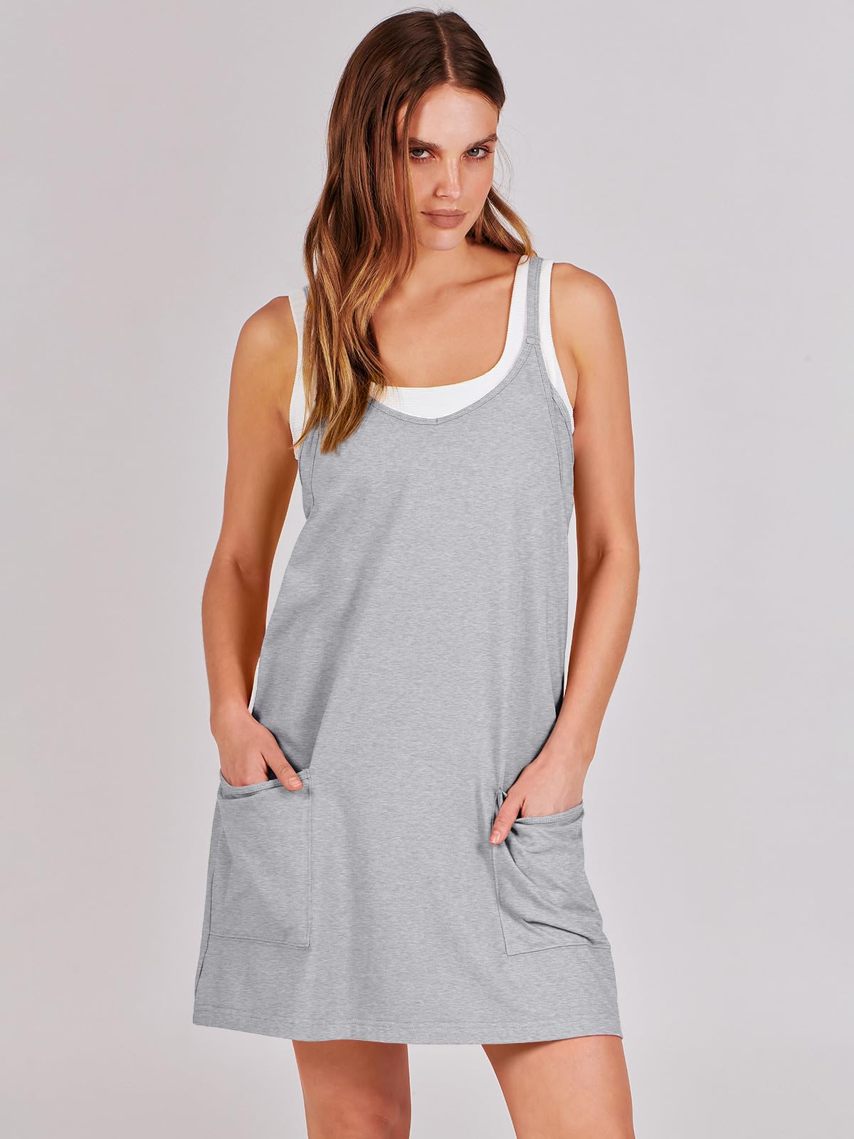 ANRABESS Women Athletic Dress Summer Tennis Workout Active Sports Mini Romper Dress Built in Shorts Travel Vacation Clothes Heather Gray Small