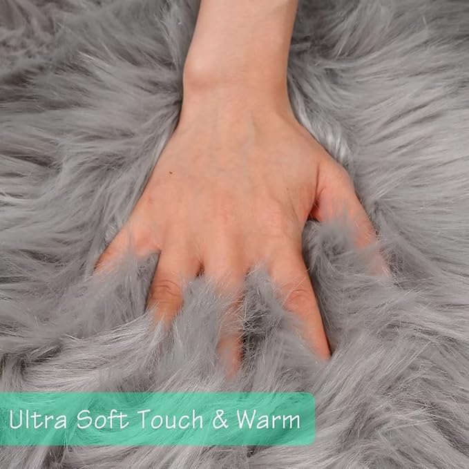 duduta Gray Faux Sheepskin Chair Seat Covers, Fluffy Shag Fur Throw Rugs Room Decor 2x3 ft