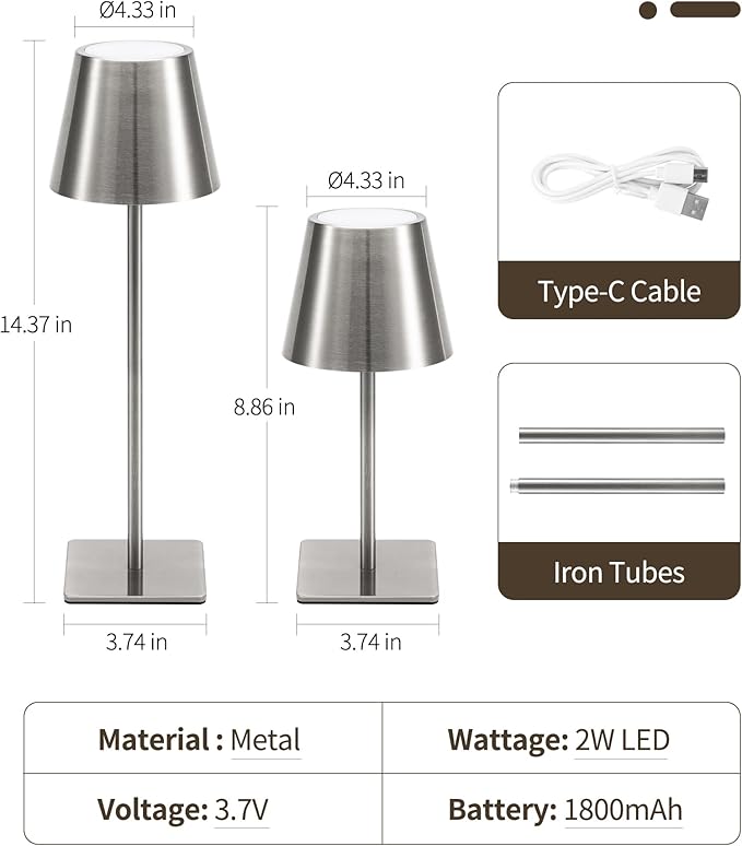 UME Cordless Table Lamp, Battery Operated Lamp - Portable Waterproof Rechargeable Table Lamp w/ 3 Color Temps & Stepless Dimming for Dinner, Desk, Cafe, Outdoor (Brushed Silver)