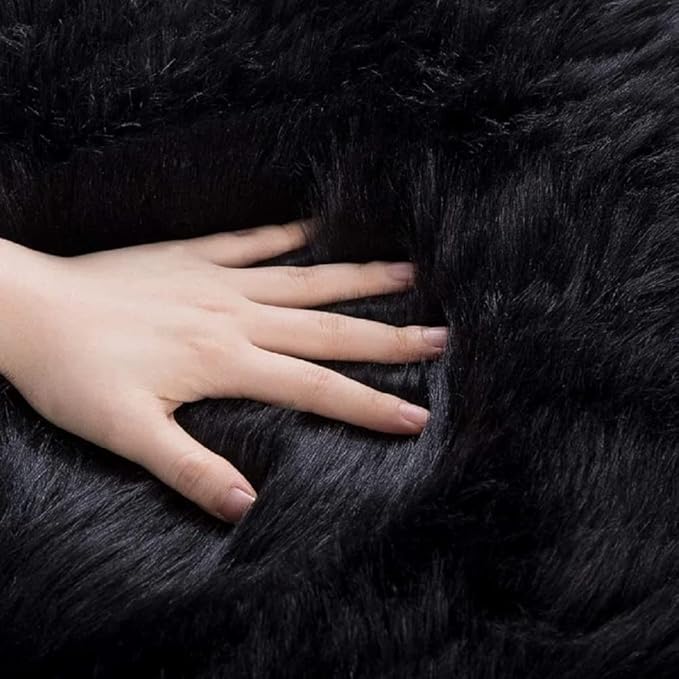 Black Fluffy Faux Fur Rug for Living Room Shag Circle Washable Area Rugs for Bedroom Round Rug 4ft Cute Room Décor