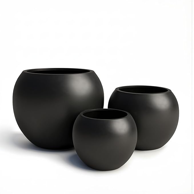 DTY Signature Mount Sherman Modern Indoor Outdoor Fiberstone Sphere Planter, Durable Round Garden Pot, Weather Resistant, Drainage Hole & Rubber Plug - Small, Black