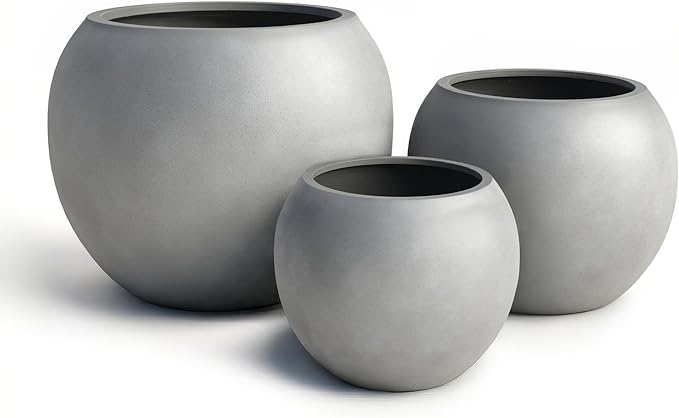 DTY Signature Mount Sherman 19.7''D x 21.7''H Modern Indoor Outdoor Fiberstone Sphere Planter, Durable Round Garden Pot, Weather Resistant, Drainage Hole & Rubber Plug - Large, Gray