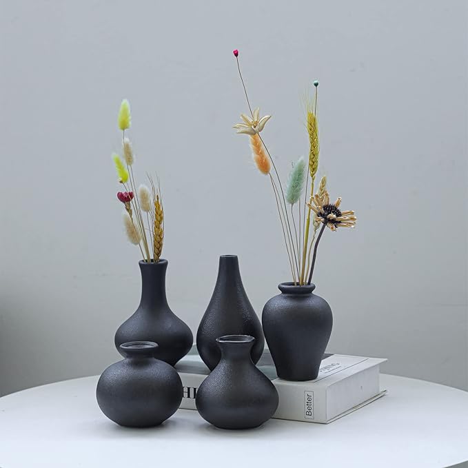 Black Ceramic Vase Set of 5 - Small Bud Vases for Flowers, Mini Decorative Vases for Rustic Weddings & Home Decor | Assorted Floral Arrangement Centerpieces for Table, Cabinet, Living Room & Entryway
