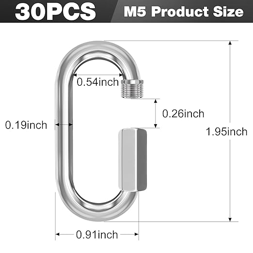 M5-30 Pack 1.95” Quick Links Chain Connectors, 3/16″ Galvanized Chain Locking Hooks, 650LBS Heavy Duty Thread Quick Link Clips, Twist Oval Keychain D Shape for Swing, Backpack, Key Ring