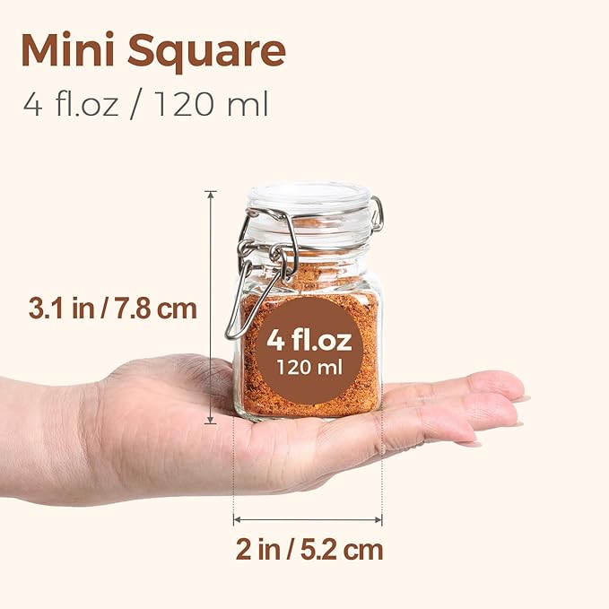 ComSaf 4 oz Glass Jars with Lid, Set of 6 Mini Airtight Glass Jars, Spice Jars, Small Mason Jar, Canning Jar Square with Seal Wire Clip Fastening, Labels & Funnels for Jam, Honey, Kitchen, Wedding