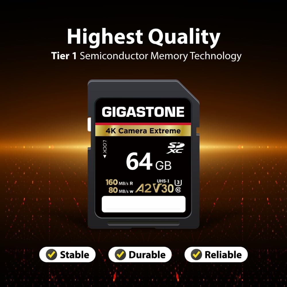Gigastone 5-Years 64GB 4K A2 V30 U3 1 Data Recovery SD Card, Camera Extreme, SDXC Memory Card High Speed UHD Video