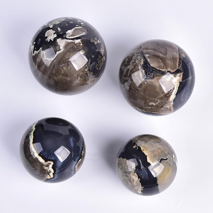 JIC Gem Volcanic Agate Crystal Sphere Large Quartz Crystal Ball with Stand Healing Ornament Witchcraft Meditation Decor 3.5-4 inch(90-100mm)