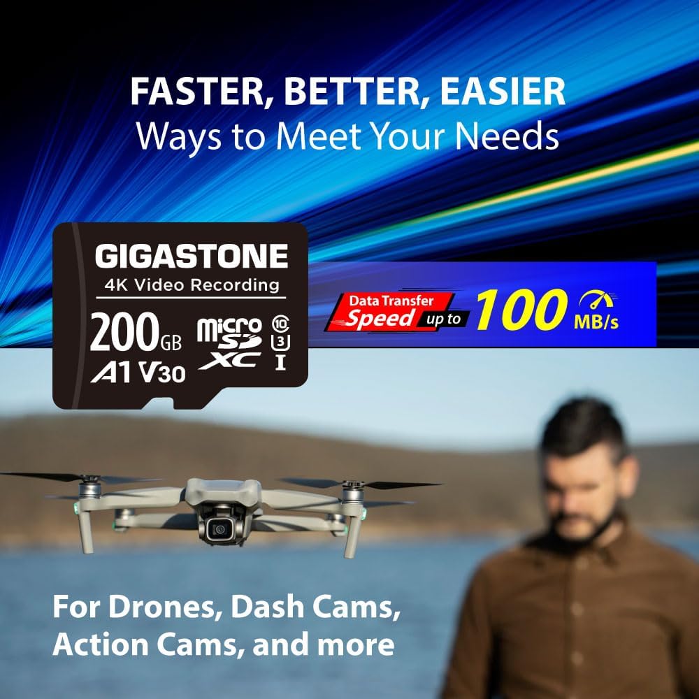 Gigastone 200GB A1 V30 4K 100MB/s Micro SD Card, Video Recording, Compatible with Security Camera, Dash Cam, Drone