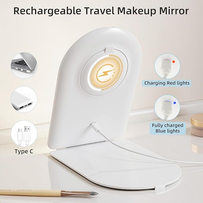 FUNTOUCH Rechargeable Travel Makeup Mirror with Lights,Portable Lighted Compact Mirror with Small 10X Magnification,3 Color Lighting, Dimmable Touch Screen, Tabletop LED Folding Cosmetic Vanity Mirror