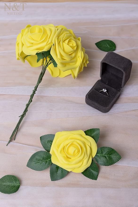 N&T NIETING Artificial Flowers, 25Pcs Fake Flowers Roses Perfect for DIY Wedding Bouquets Centerpieces Bridal Shower Party Home Flower Arrangement Easter Flower Decorations, Yellow
