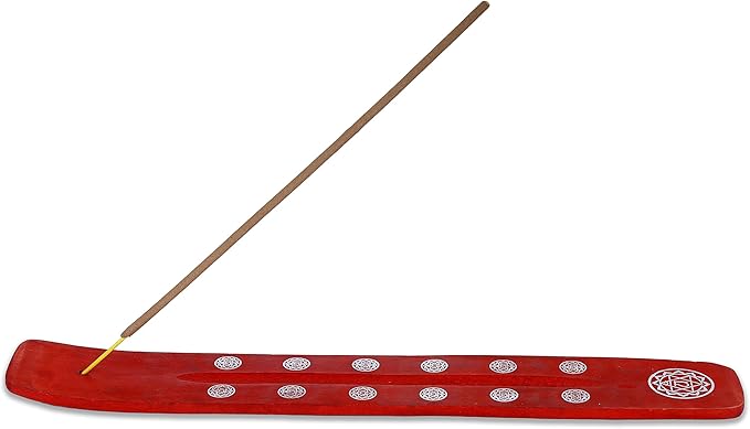 Bless-International Traditional-Handmade-Burner Wooden-Incense-Stick-Holder Ash-Catcher-Stand for-Aromatherapy-Meditation-Yoga (Fire Red) 10 Inches, Pack of 1