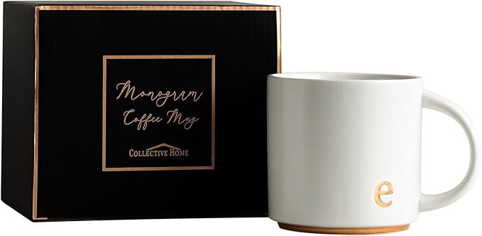 COLLECTIVE HOME - Monogram Ceramic Mugs, 15 oz Golden Initial Coffee Cups, Elegant Alphabet Tea Mugs, Elegant Personalized Mug with Gift Box, Luxurious Cups for Office and Home (e)