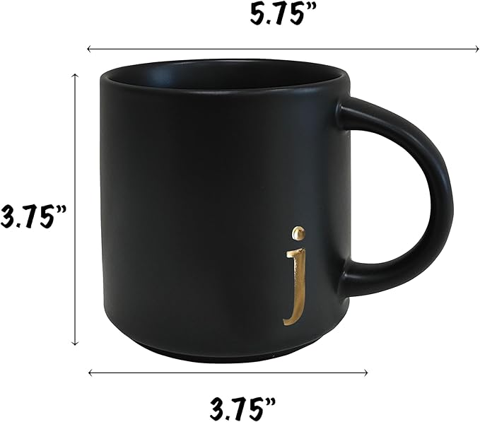 COLLECTIVE HOME - Black Monogram Ceramic Mugs, 15 oz Golden Initial Coffee Cups, Elegant Alphabet Tea Mugs, Personalized Halloween Mug with Gift Box, Perfect for Office and Home Décor (j)