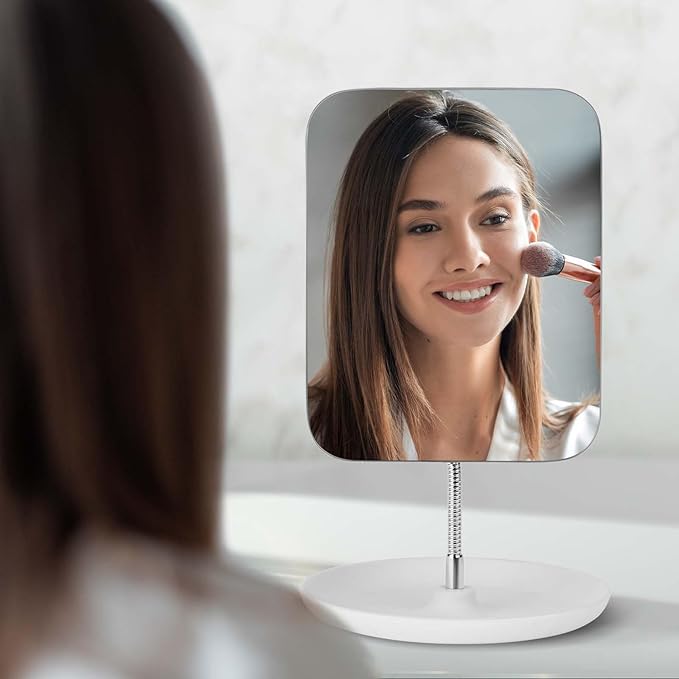 LFOYOU Table Vanity Mirror with Stand - Makeup Mirror for Desk - Adjustable Flexible Gooseneck, 360°Rotation Folding Portable Bathroom Shaving Cosmetic Mirror Square