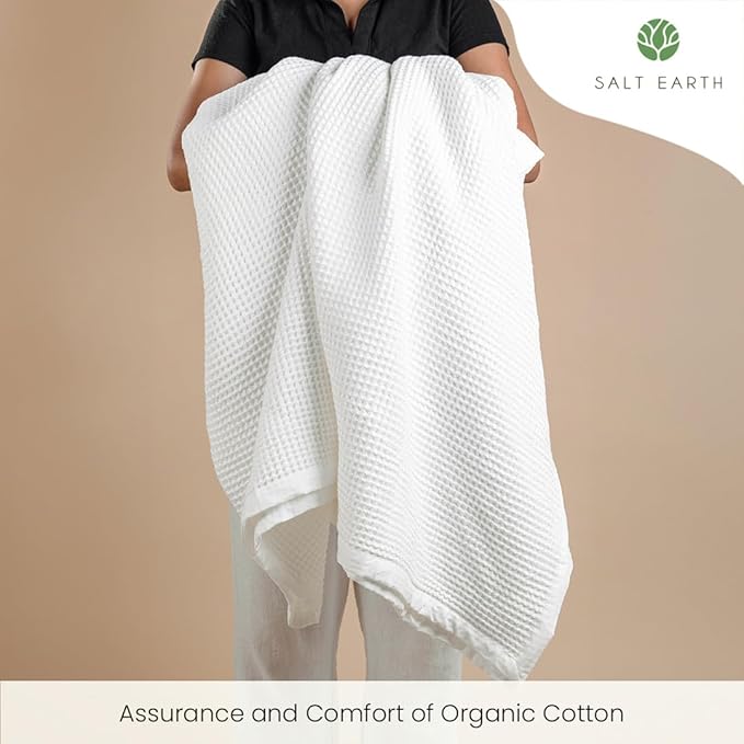 Salt Earth GOTS Certified 100% Organic Cotton Throw Blanket, 60" X 80" Waffle Blankets & Throws for Bed, Throw Blanket for Couch, Modern and Cozy Blanket, All Seasons, Comfy Soft Blanket (Snow White)