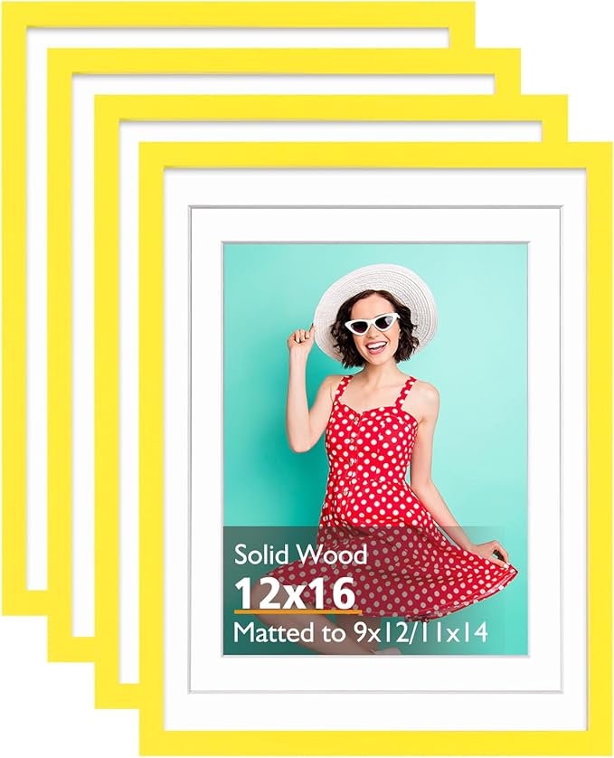 KINLINK 12x16 Picture Frame Yellow, Solid Wood Frames with Acrylic Plexiglass for Pictures 11x14/9x12 with Mat or 12x16 without Mat,Wall Display Photo Frame, Set of 4