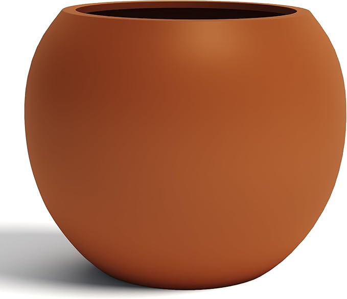 DTY Signature Mount Sherman Modern Indoor Outdoor Fiberstone Sphere Planter, Durable Round Garden Pot, Weather Resistant, Drainage Hole & Rubber Plug - Small, Terracotta