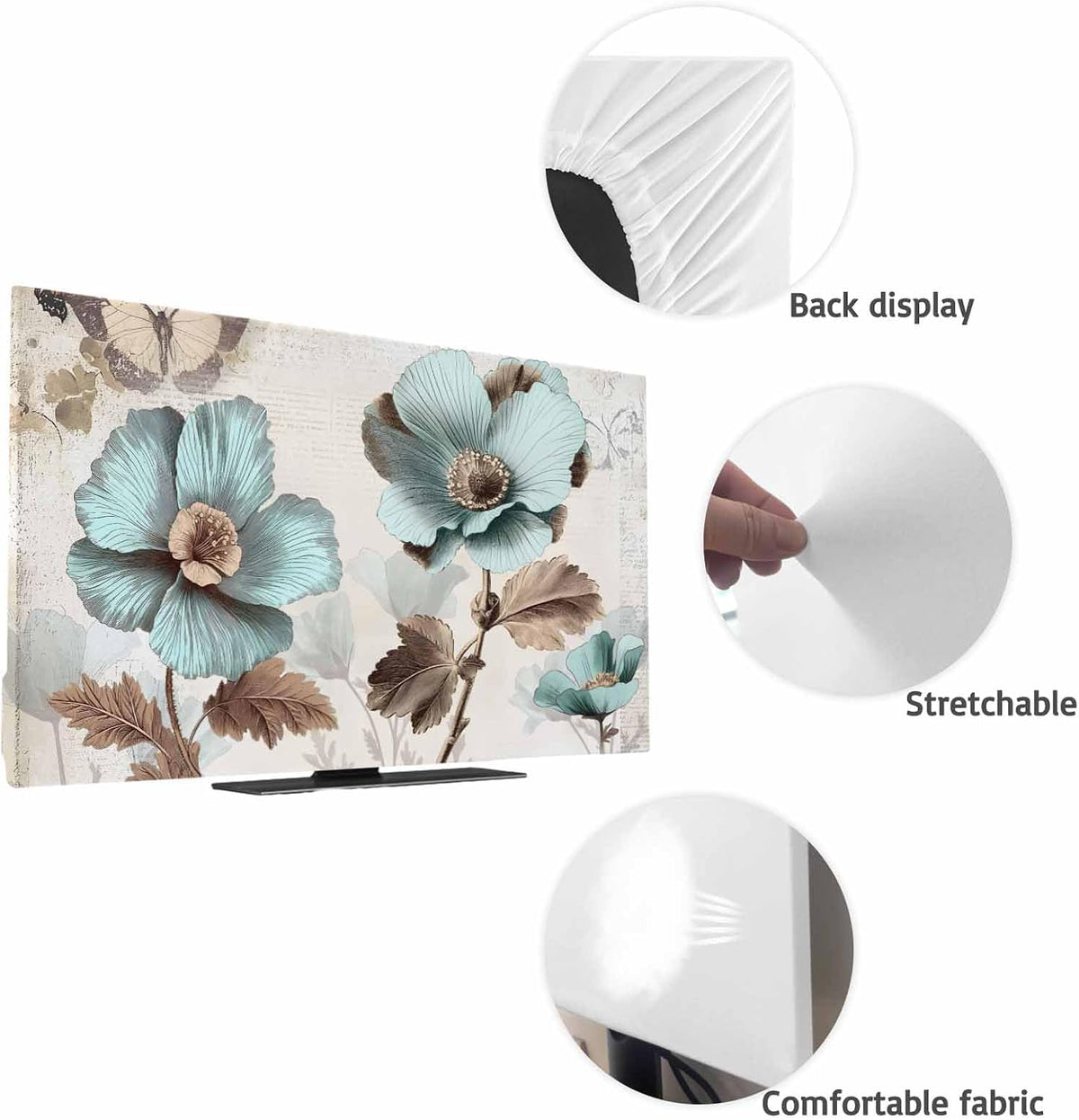 Yukro 65 Inch, 57"x32" Victorian Style Broccoli Butterfly Indoor TV Dust Cover, Blue Flowers Plant Elastic TV Dustproof
