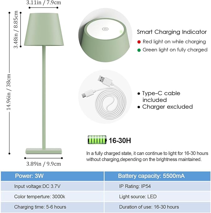 2-Pack LED Cordless Table Lamp, Rechargeable Battery Desk lamp 3W 5500mAh Battery Operated Stepless Dimming Modern Portable Table Light for Restaurant/Bedroom/Outdoor IP54 Waterproof (Green)