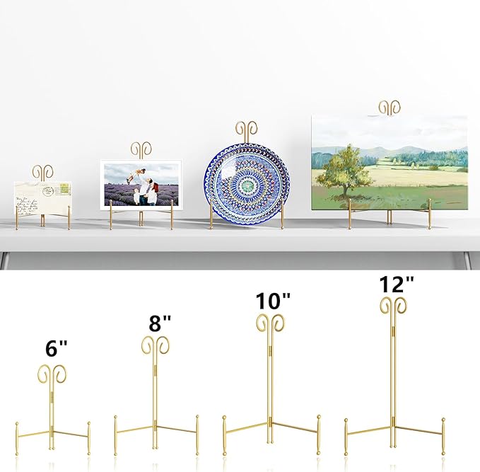 SVENJBB 10 Inch Plate Stands for Display, Gold Metal Frame Holder Stand for Picture and Decorative Plate, Collapsible Easel Display Stand for Platter, Book and Art (2 Pack)