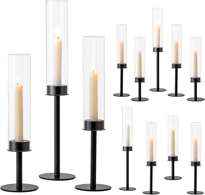 Hewory Black Candlestick Holders Hurricane Candle Holder, 12Pcs Candle Stick Candle Holder Candelabra, Taper Candle Holders with Glass Candle Cover for Wedding Table Centerpiece Christmas Decor