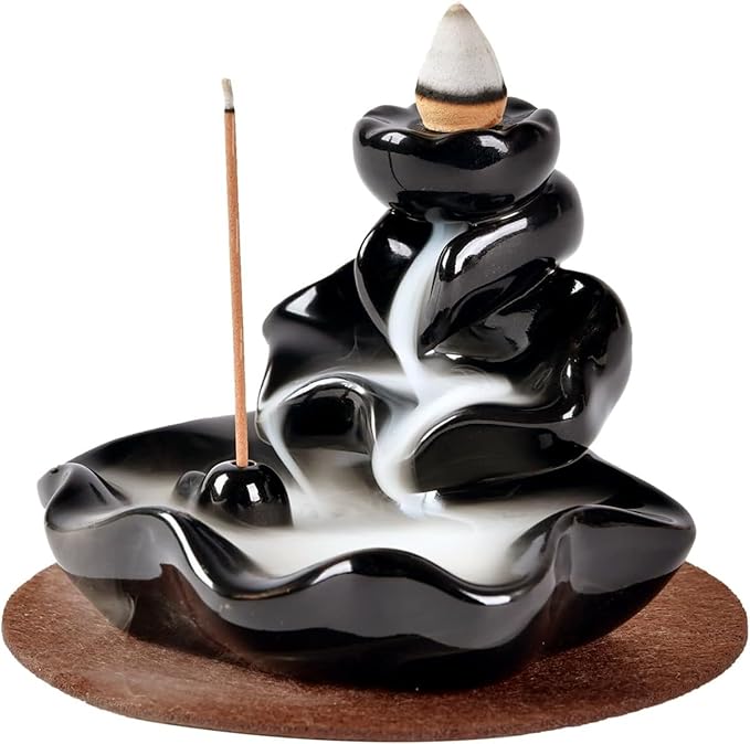 Waterfall Incense Burner, Lotus Backflow Incense Holder Ceramic Censer Cones Sticks Porcelain Holder with 10 Free Mixed Aromatherapy Cones