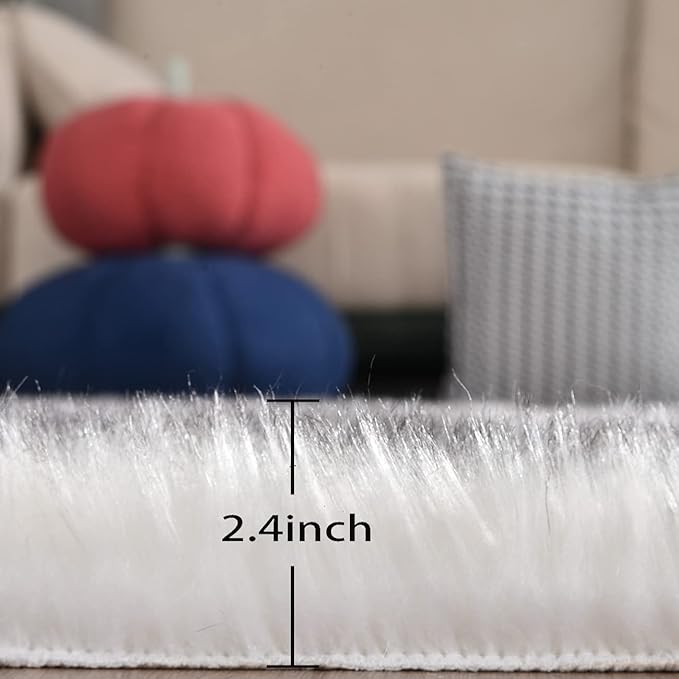 Grey and White Plush Shag Washable Rugs for Bedroom Faux Sheepskin Fur Furry Carpet for Living Room 2x6 Nursery Rug Runner