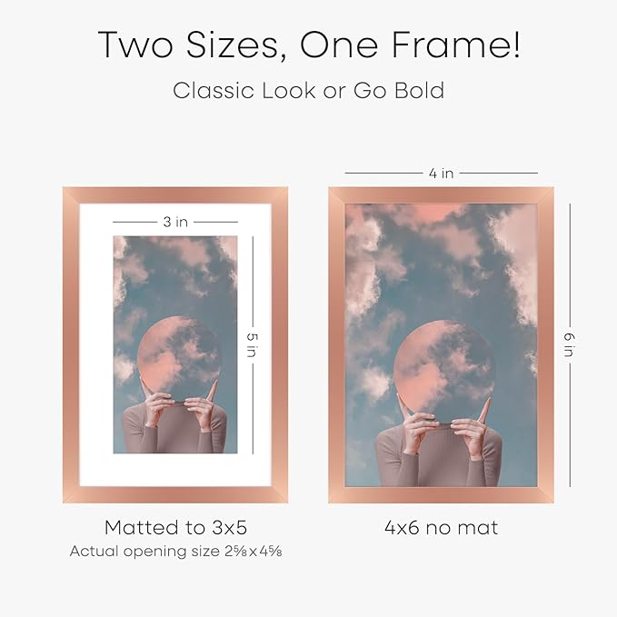 Homeforia Rose Gold 4x6 Picture Frame, High End Metal 4 x 6 Frames with Mat 3 x 5 for Print, 4by6 Desk Frame Matted to 3x5 inch Photo, 4 by 6 Wall or Tabletop Frame, Tempered Glass, Wall Kit, Set of 2