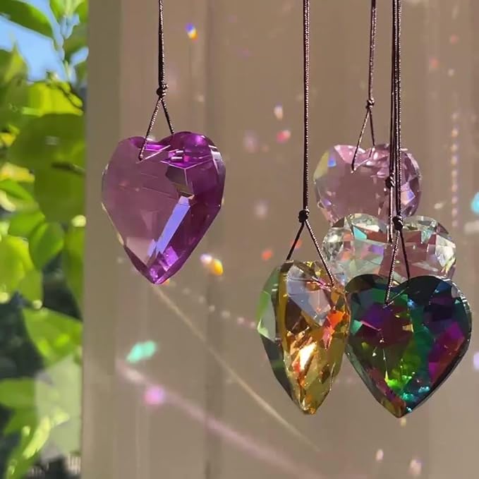 Colorful Heart Crystals Suncatcher Hanging Sun Catcher with Chain Pendant Ornament for Window Home Garden Christmas Tree Party Wedding Decoration (Pink)