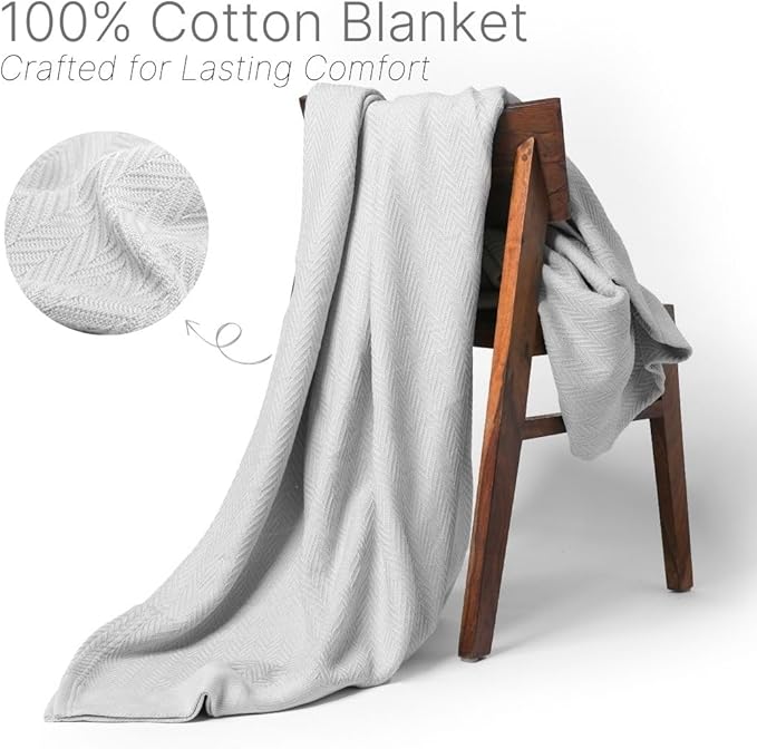 100% Cotton Herringbone Weave Blankets, 66"X90" Twin, Throw Blanket for Bed,All Season Cotton Blanket, Cozy Blanket,Throws Bed Blanket, Throw Blanket for Couch,Modern Home Decor -Light Grey