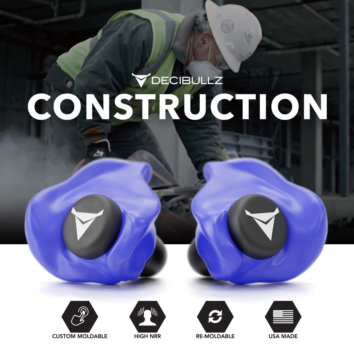 Decibullz - Custom Molded Earplugs, 31dB Highest NRR, Comfortable Hearing Protection for Shooting, Travel, Swimming, Work and Concerts (Blue)