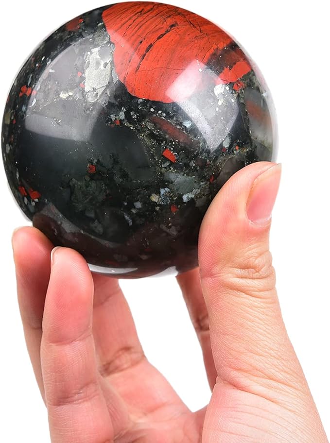 JIC Gem African Bloodstone Crystal Ball Natural Quartz Crystal Sphere Stone Ball with Wooden Base (70-80mm)