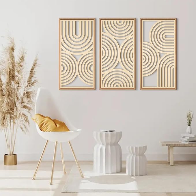 IARTTOP Large Boho Wood Wall Art Set of 3 Framed Wooden Mid-century Modern Wall Decor Minimalist Modern Abstract Geometric Decor for Living Room Bedroom Office-16x32 Inch