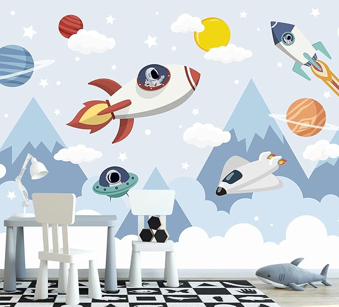 AFZEVEB-Space Mural Hand-Painted Cartoon Wallpaper for Kids Room 136"x96"(Not Peel and Stick)