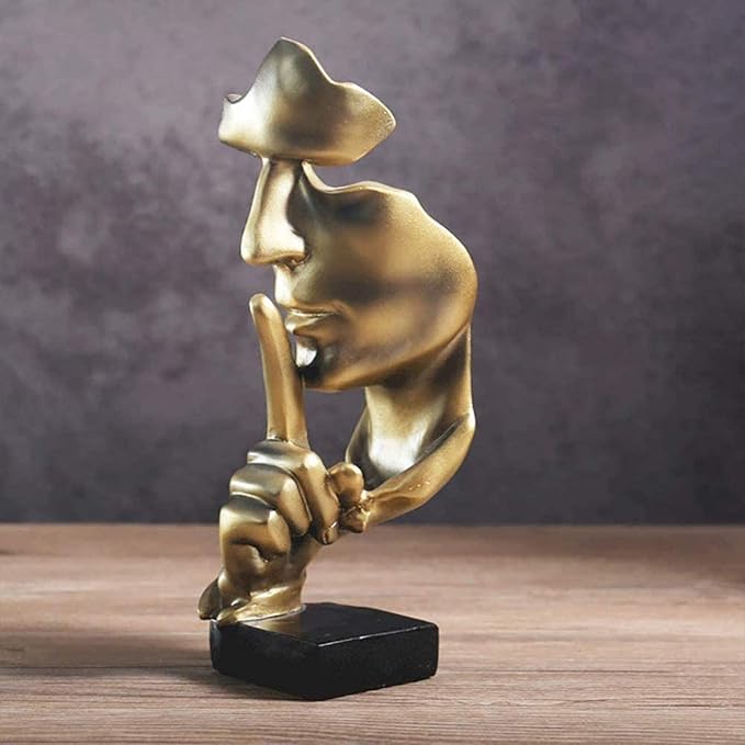aboxoo Thinker Statue, Silence is Gold Abstract Art Figurine,Modern Home Resin Sculptures Decorative Objects,Table Top Decor for Livingroom Home Decor,Office Study Sculpture,Shh mask Statue(Gold)