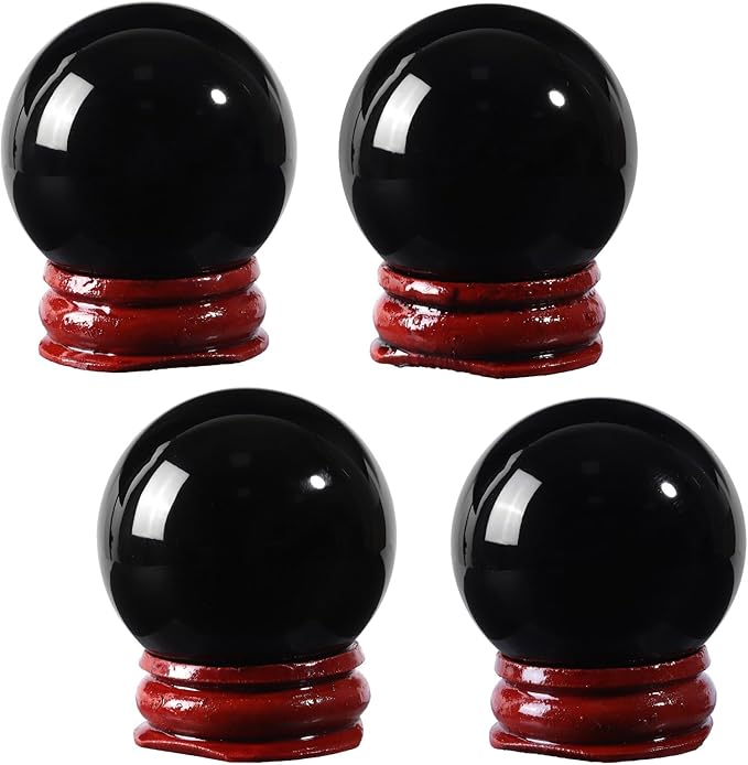40mm Natural Black Obsidian Stone Sphere with Wooden Stand, Polished Crystal Ball Decoration for Home & Office
